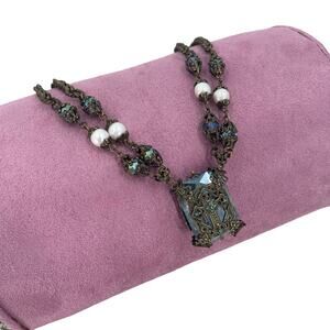 Sweet Romance Antique Style Brass AB Cross Necklace with Blue and Pearl Accents